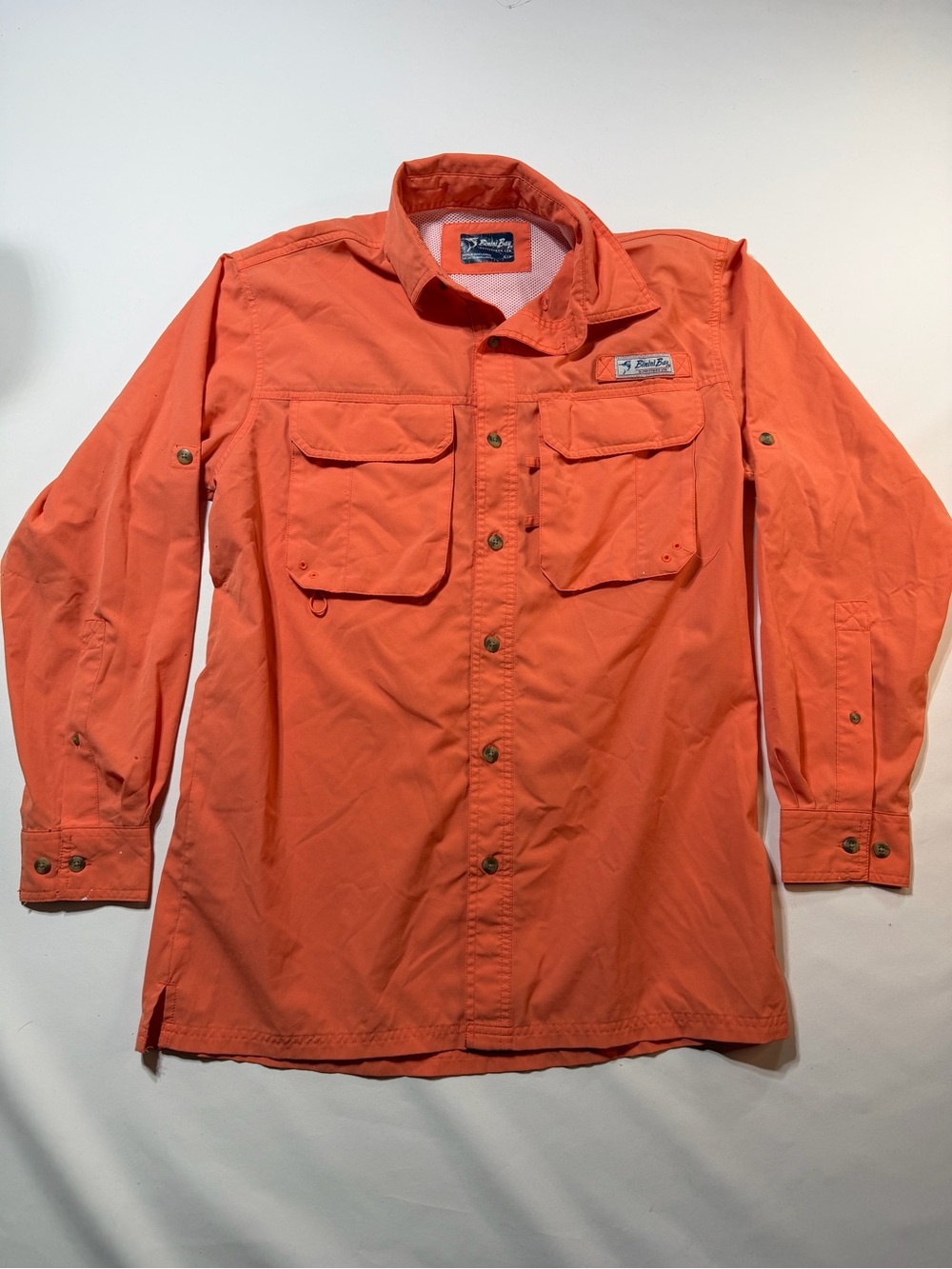 Bimini Bay Mens Orange Fishing Shirt Long Sleeve Vented Roll Tab Outdoor Utility